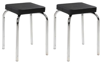Home4You Sitzhocker 2er Set - Stapelbar - Belastbar bis 90 kg - 36x47x36 cm - Schwarz - Chromfarben - Metall - Kunstleder - Metallhocker Stapelhocker Küchenhocker
