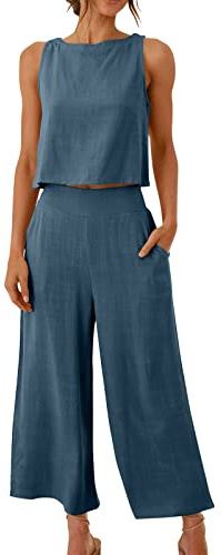 Linen Sets for Women 2 Piece Outfits Solid Sleeveless Crop Tops Loose Fit Round Neck Summer Tank Tops & Wide Leg Pants with Pockets Casual Tracksuits Lounge Sets