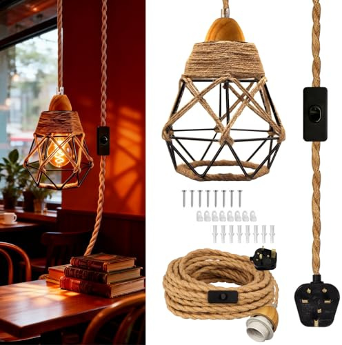 Industrial Hemp Rope Pendant Light Fittings, 16.7ft Vintage Plug in Pendant Lighting with Metal Lampshade, Rustic Hanging Lamps with Plug and Switch, E27 Lamp Holder, Retro DIY lamp kit for Cafe