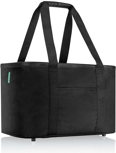 COTTARA® Faltbare Einkaufstasche groß mit verstärktem Boden und bequemen PU Ledergriff einsetzbar als 30L Einkaufskorb faltbar, Tragetasche, Shopper oder Korb einkaufen schwarz