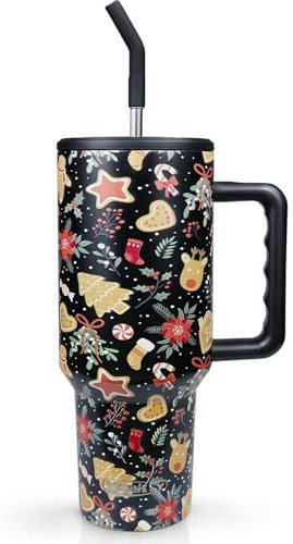 Weihnachtsbecher mit Lebkuchenmann, 1,2 l, mit Griff und Strohhalm-Deckel, niedliches Geschenk für Frauen und Mädchen, doppelt isoliert, Reise-Kaffeetasse