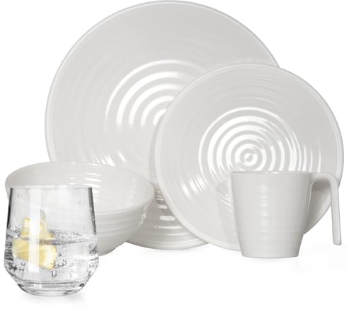 Vajilla de melamina para camping, 4 personas, diseño crema, 16 piezas + 4 vasos Milano de vasos de agua, vajilla de pícnic, barbacoa