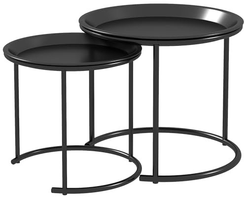 HOMCOM Couchtisch Rund 2er Set stapelbar Wohnzimmertisch Beistelltisch mit abnehmbaren Tischplatten Kaffeetisch Satztisch mit Metallgestell für Wohnzimmer Schwarz
