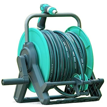 Water Pipe Storage Rack 30M/100Ft 1/2'' Hose Reel Rack with Hose Guide, Garden Washer Hose Reel Cart with Mounting Bracket, with 10 Pattern Sprayer Nozzle, Wall Mounted or Floor Standing Hose Holder S