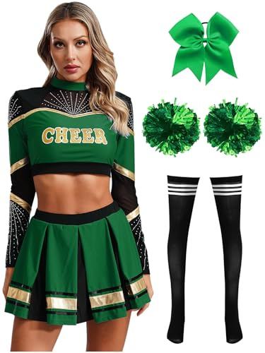 inhzoy Damen Cheerleading Kostüm High School Cheer Leader Rock Langarm Crop Top Pompons 2er/4er/5er Set Halloween Karneval Kostüm