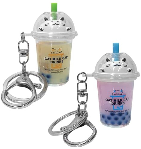 Schlüsselanhänger 2 Stück Kreativer Katzen-Bubble-Milchtee-Treibsand-Schlüsselanhänger, Süßes Mädchen-Taschenzubehör