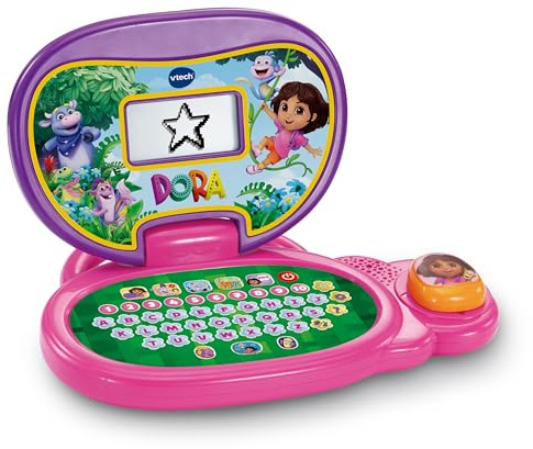 VTech - Mon Ordi Éducatif Dora L’Exploratrice - Ordinateur Enfant Bilingue avec Écran Rétroéclairé, 13 Activités et Jeux Interactifs Dora - Cadeau Enfant Dès 3 Ans - Contenu en Français et Anglais