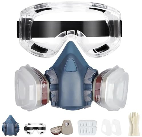 Sumeber Cubierta reutilizable profesional de la mitad de la cara con gafas de protección - Equipado con 2 filtros y 6 filtros de algodón para pintura industrial, gas, protección, manualidades, pintura