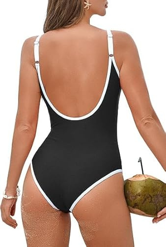 Zando Badeanzug Damen Sport Bauchweg - Schwimmanzug Rückenfrei mit Cups, Einteiliger Shape Bademode für Frauen, Schwarz-Weiß, Größe M - Figurformend Strandmode und Schwimmkleidung