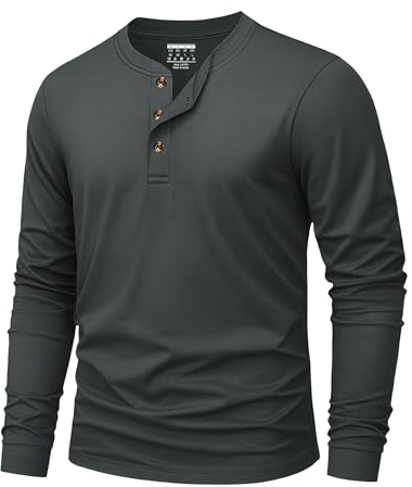 KEFITEVD Henley - Maglietta da Uomo a Maniche Lunghe, in Cotone, a Maniche Lunghe, con Bottoni, Grigio Scuro, XL