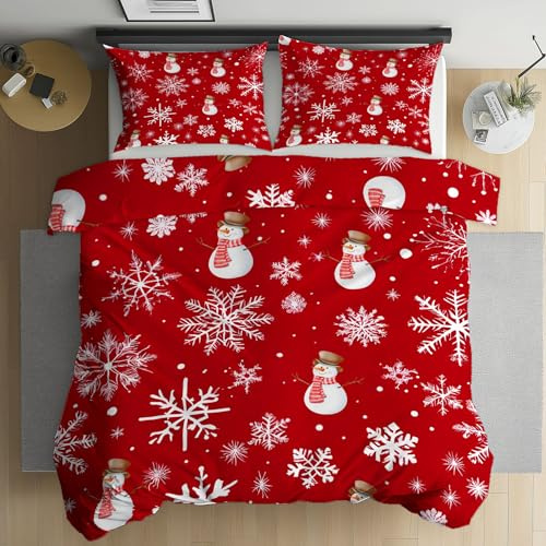 Kioldoq Schneeflocke Weihnachten Bettwäsche 135x200 cm | Bettbezug Aus Microfaser, Schnee Rot Bettwäsche Set Weich Wendebettwäsche Mit Reißverschluss Kissenbezug