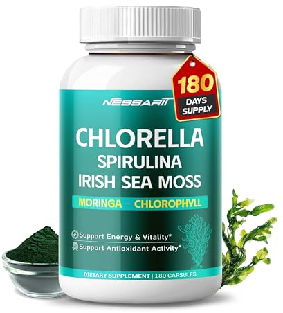 NESSARIT Chlorella, Spirulina, Irish Sea Moss, Moringa & Chlorophyll – Support Energy, Vitality & Antioxidants – 180 Capsules