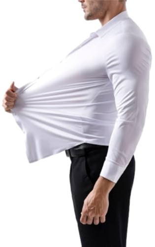Chemise stretch sans repassage anti-rides, chemises formelles à manches longues unies sans plis à boutons coupe régulière, blanc, L