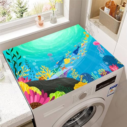 Odot Tapis de Protection pour Dessus de Machine à Laver, 3D Antidérapant Housse de Machine à Laver pour Sèche-Linge Buanderie Réfrigérateur Cuisine (Vie marine,50x50cm)