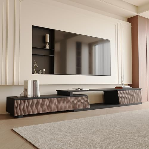 Trroec Medieval Modern Telescoping TV Cabinet 110 Media Console Entertainment Center, MDF Board with 3 Storage Drawers in Wood Wavy Finish for Living Room, Bedroom