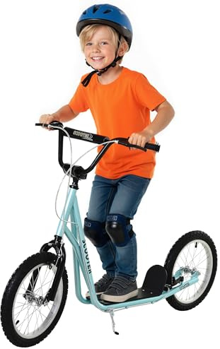 HOMCOM Patinete para Niños +5 Años, Patinete Infantil de 2 Ruedas, con Manillar Ajustable en Altura, 2 Neumáticos de Caucho Inflable, Doble Freno, Carga 100 kg, 139x58x90-96 cm, Azul Claro