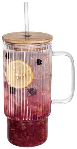 Consou Glas Mit Deckel und Strohhalm 1000ML, Bubble Tea Glasbecher Transparente gestreifte Wasserbecher High Borosilicate Glas Longdrinkglas Set für Eiskaffee Saft Smoothie Wasser Tee