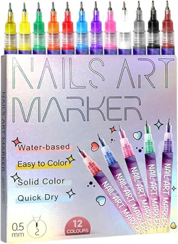 12 Colors Nail Art Pens Set,Nail Art Pens, DIY Quick Dry Graffiti Dotting Point Liner Pens,2025 New Nail Art Markers Pen for 3D Nail Art, Nails Art Drawing Tool (1 Set)
