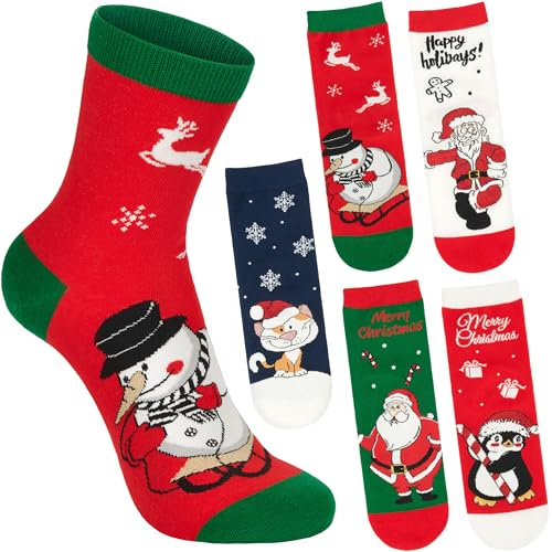 BRUBAKER 5 Par Julsockor för Damer - Jultomte, Katt, Pingvin & Snögubbe - Roliga Strumpor för Julen och Förjulstiden - Färgglada Myssockor - Perfekt Present för Kvinnor & Flickor - Storlek 36-41