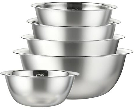Skålset i rostfritt stål 5 delar, 5 storlekar 0,58 l, 0,9 l, 1,6 l, 2,6 l, blandningsskål salladsskål köksskål serveringsskål, stapelbara rostfria skålar med mätskala, diskmaskinssäker för kök