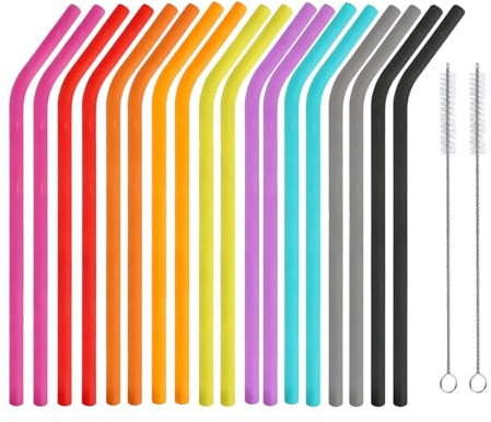 18 Pcs Reusable Silicone Straws with 2 Cleaning Brushes