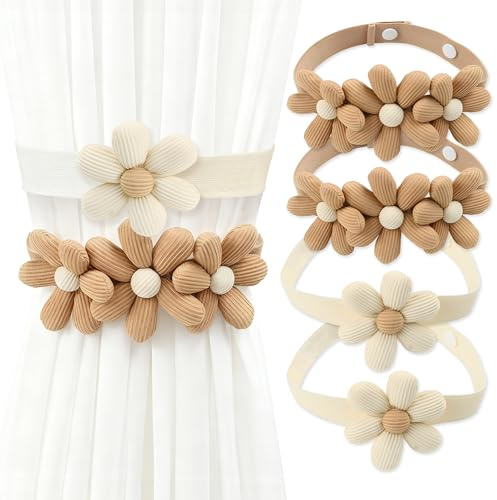 JNYUTEEN 4 Pezzi Fermacurtain Fiori, 2 Stili Reggitenda con Nastro, Reggitenda Boho Regolabile Corda per Tendaggi per Soggiorno Camera da Letto Decorazione