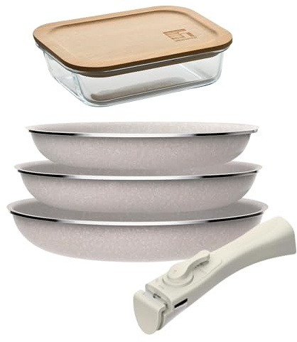 Juego de 3 sartenes San Ignacio Ø18Ø20Ø24cm aluminio prensado, antiadherente con mango extraíble+Hermético de 650ml en vidrio de borosilicato