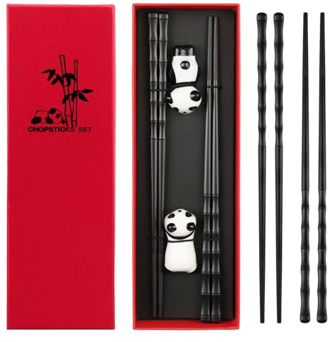 Havlock 2 Pairs Fiberglass Chopsticks - Reusable Chopsticks with Ceramic Panda Rest Dishwasher Safe, Non-Slip Japanese Chinese Chop Sticks Gift Set for Sushi Noodles Rice, 9.5 Inch / 24cm Black