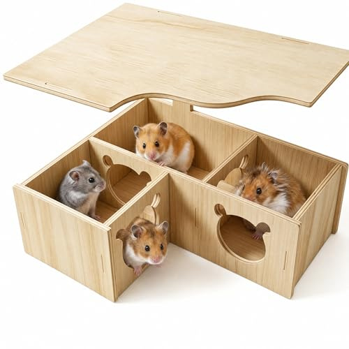 XIAOjnHONG Wooden Hamster House Hideout Lid Multi Chamber Cage Habitat | Hide Floor Nesting Platform for Gerbils Chinchilla Guinea Pig Syrian Dwarf Hamsters Mice Small Pets