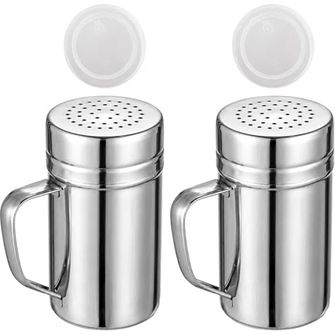 Flour Shaker, 2 Piece Stainless Steel Seasoning Dispenser Set, Ideal for Evenly Sprinkling Spices During Cooking and Baking, Sugar and Salt Shaker with Lid for Home and Professional Kitchens