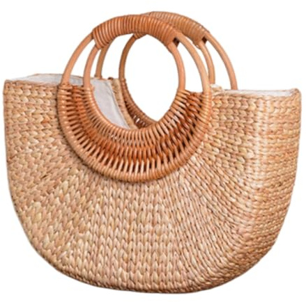MINHADISI Handtasche, geflochten, aus Stroh, Griff aus Rattan, Halbmond-Form, 30 cm, für Strand, Urlaub und Shopping