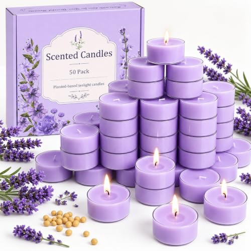 50 Stück Teelichter, Lavendel Duftkerzen Geschenkset - 4 Stunden Brenndauer | Kleine Lila Romantische Kerzen Teelicht, Duftteelichter für Weihnachten, SPA Feiern Hochzeit Esstisch Entspannen Feiern Deko
