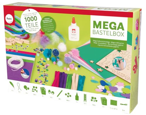 Rayher 69186000 Mega-pysselset, 1 000 delar, blå-grön/rosa-lila toner, pysselset barn, kreativt set, piprensare, poms, fjädrar, vickande ögon, paljetter, pyssellim, barns födelsedag, färgglad