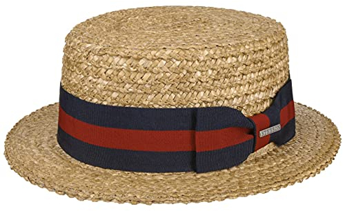 Stetson Boater Weizenstrohhut Naturfarbener Hut mit blau-rotem Ripsband Klassisch UV-Schutz 40+ Damen Frühjahr Sommer Natur M (56-57 cm)