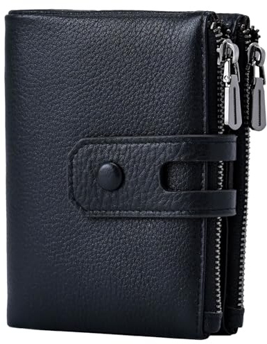 Bveyzi Small Soft Leather Wallet for Women RFID Blocking Ladies Card Holder with Double Zipper Pocket (Black)