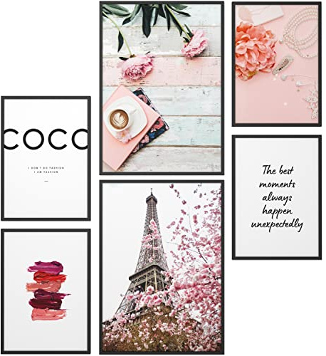 Papierschmiede® Set Mood Posters, Tableau Décoration Murale sans cadres « Coco Girly » Bureau, Salon, Deco Chambre Parentale, Cuisine, 2x A4 et 4x A5, mode de vie charme beauté rose