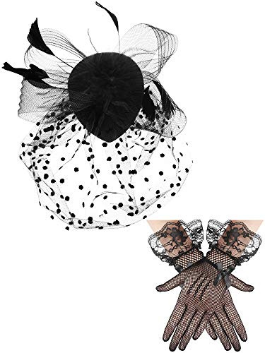 Chapeau en maille filet avec plumes et gants courts en dentelle - Accessoires de costume des années 50 - Pour femme - Mariage - - Taille unique