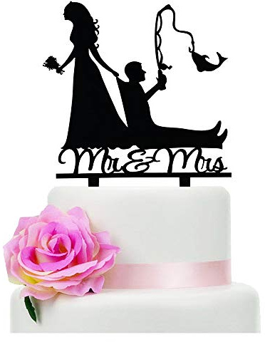 TzTwodcaz Fishing Wedding Cake Topper, Funny Mr&Mrs Cake Topper, Gift for a Wedding/Bridal Shower/Anniversary Party (Fishing)