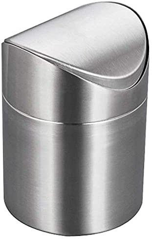 ETRAVEL Mini Desktop Bin with Lid, Brushed Stainless Steel Swing Bin, Trash Can Small Desk Indoor Dustbins Car Desk Office Bathroom Kitchen Waste Pods Tea Bags 13 * 13 * 18CM 1.7L