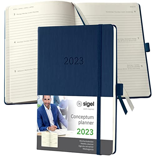 SIGEL C2362 Terminplaner Wochenkalender 2023 - ca. A5 - dunkelblau - Hardcover - 192 Seiten - Gummiband, Stiftschlaufe, Archivtasche - PEFC-zertifiziert - Conceptum