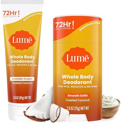 Lume Whole Body Deodorant - Invisible Cream Tube and Solid Stick - 72 Hour Odor Control - Aluminum Free, Baking Soda Free, Skin Safe - 3.0 Ounce 2.6 Ounce Bundle (Toasted Coconut)