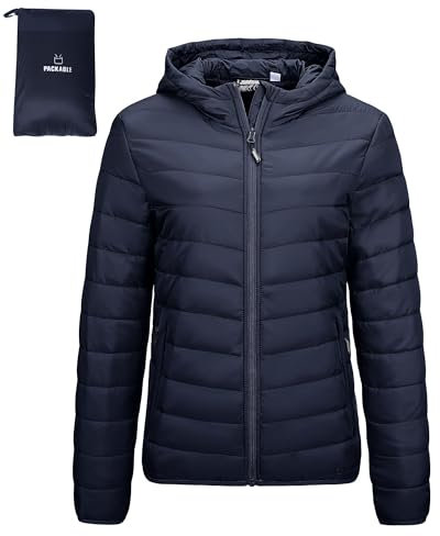 Outdoor Ventures Damen Steppjacke Leichte Packbare Übergangsjacke Warme Winterjacke mit Kapuze für Frauen Gefüttert Pufferjacke mit Taschen für Freizeit Wandern Reisen Dunkelblau XL