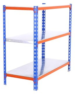 Simon Rack Metallregal 1000x800x300 mm - Simonclick | 3 Höhen, Metallablage, Biegepunkt 180 kg, Korrosionsschutzlackierung, Klicksystem-Montage, Blau/Orange/Verzinkt