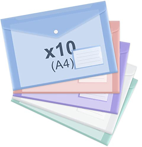 ASTARON 10 Pack A4 Plastic Envelopes Folders, Clear Document Folders Snap Envelopes, A4 File Folder with Label Pocket, for School Home Work Office, 5 Colors