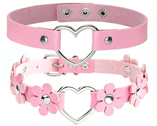 MILAKOO Gothic PU Leder Punk Choker Herz Ring Blume Halskette für Frauen 2PCS