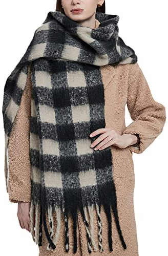 HGJH Strickschal Damen,Grober Quasten-Schal Der Frauen, Mode-Schal, Wildes, Kontrastierendes Gitter, Schwarzer Breiten-Schal, Elegante Frauen, Dicker Trend, Weihnachtsschals Für Frauen, Warmer Schal