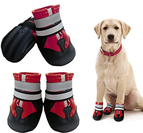 NeuWook Hundeschuhe, 4er-Set wasserdichte Hundeschuhe Anti-rutsch Hundestiefe mit reflektierendem Riemen, Breathable Hundestiefel Pfotenschutz für Kleine Mittelgroße Hunde (XXL, Rot)