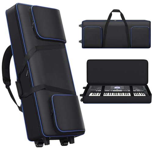 Keyboard-Tasche mit 61 Tasten mit Rollen, gepolsterte Tasche, tragbar, weich, rollende Klaviertasche, mit Griffen und verstellbaren Schultergurten, gepolsterte Schutzhülle für elektrische Keyboards,