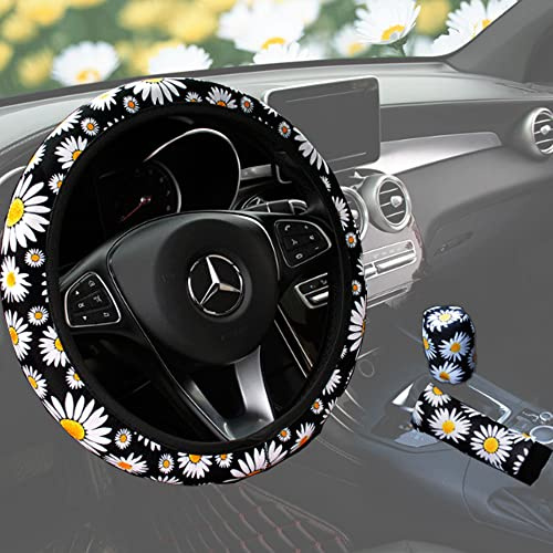 3 Teiliges Gänseblümchen-Druck Universal Lenkradbezug Handbremse Getriebe Abdeckung Set Auto Lenkradhülle Plüsch Teleskop Lenkrad AbdeckungLenkradbezug für Auto Zubehör 37–38 cm
