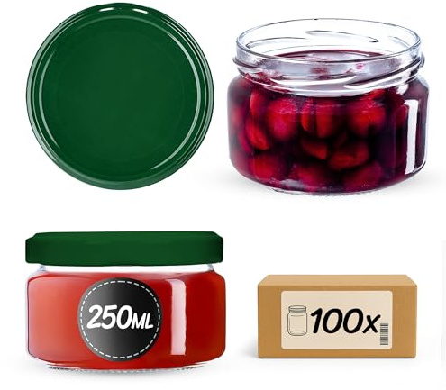 KADAX 100 tarros de 250 ml, tarros de mermelada con tapa Twist-Off fi82, vasos de postre, herméticos y aptos para lavavajillas, vidrio de pared gruesa, selección de tapas de rosca (verde)